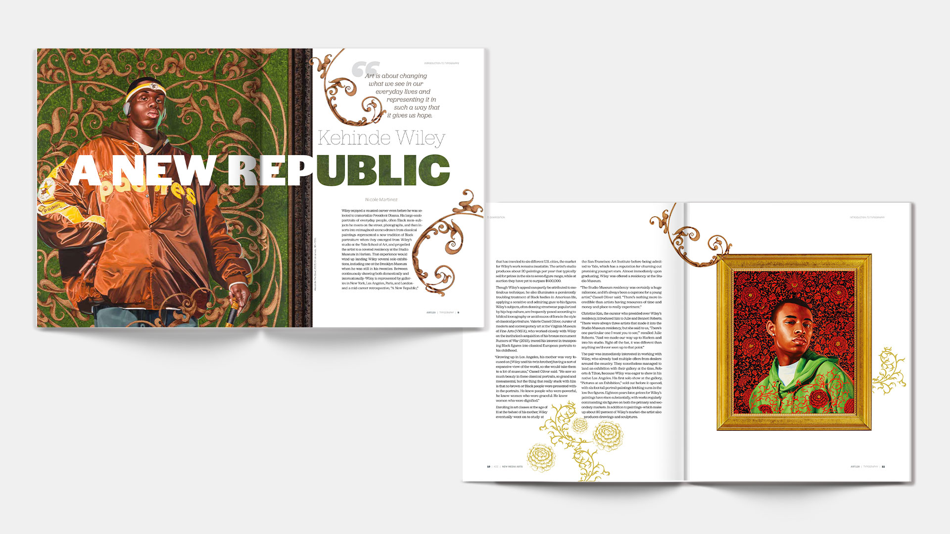 A pair of spread pages from the typography handbook chapter 7; editorial design for Kehinde Wiley, with images of a boy in a green background, and a man with red background.