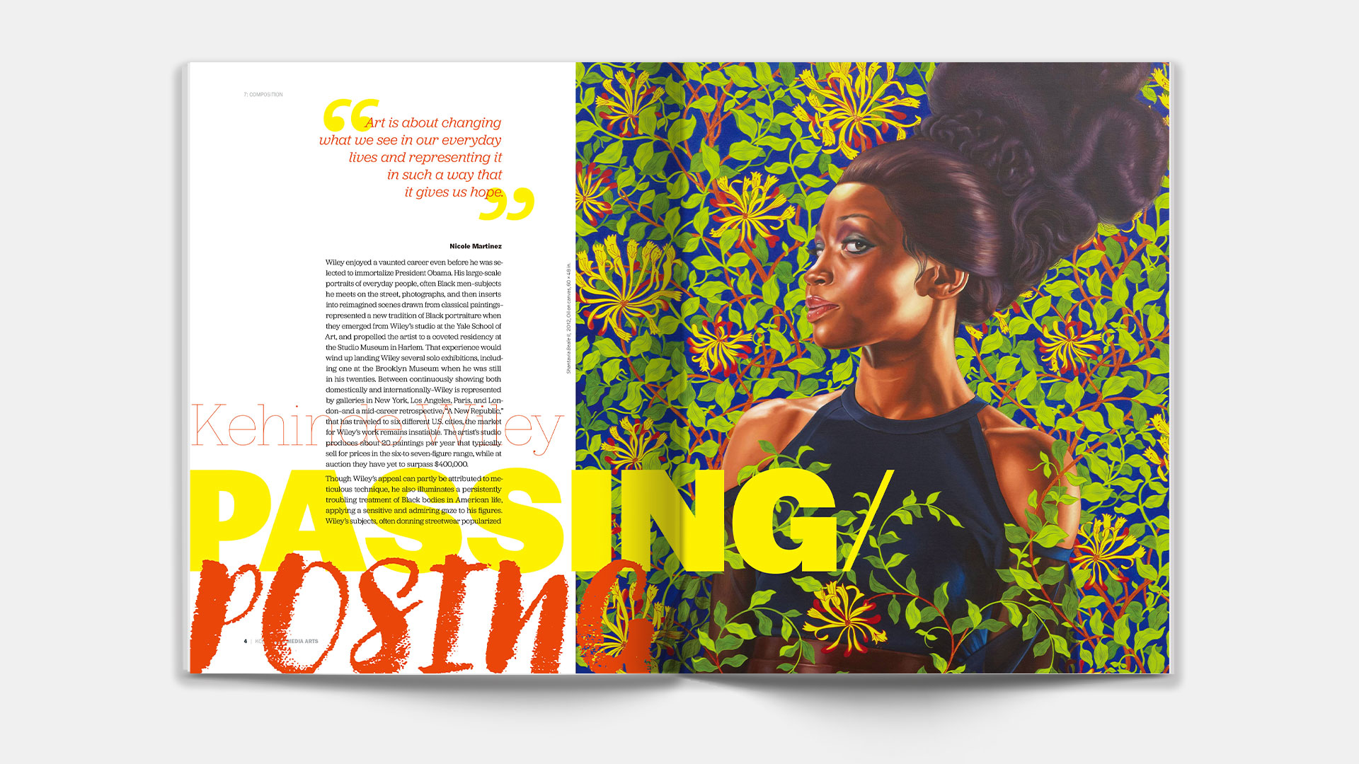 Spread pages from the typography handbook chapter 7; editorial design for Kehinde Wiley, with an image of woman and flowers.