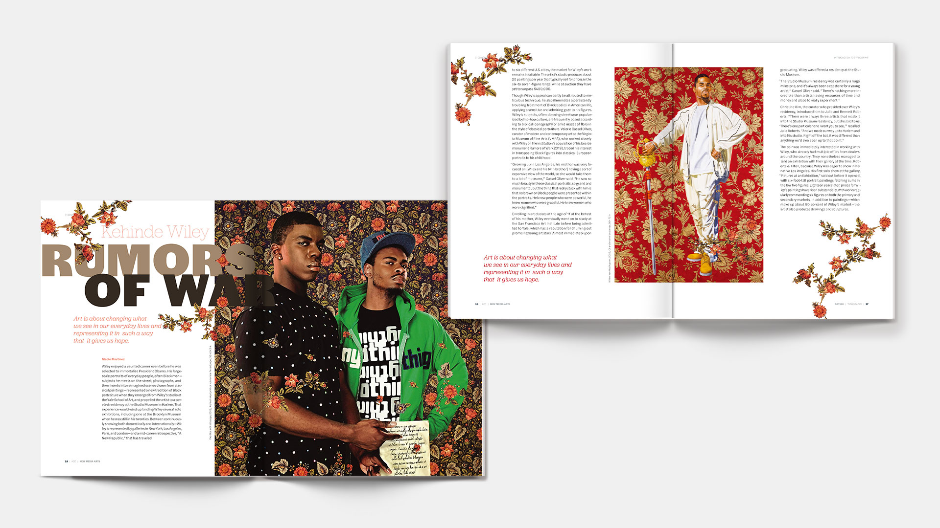 A pair of pread pages from the typography handbook chapter 7; editorial design for Kehinde Wiley, with a image of two young men holding a paper and a boy's portrait with golden frame.