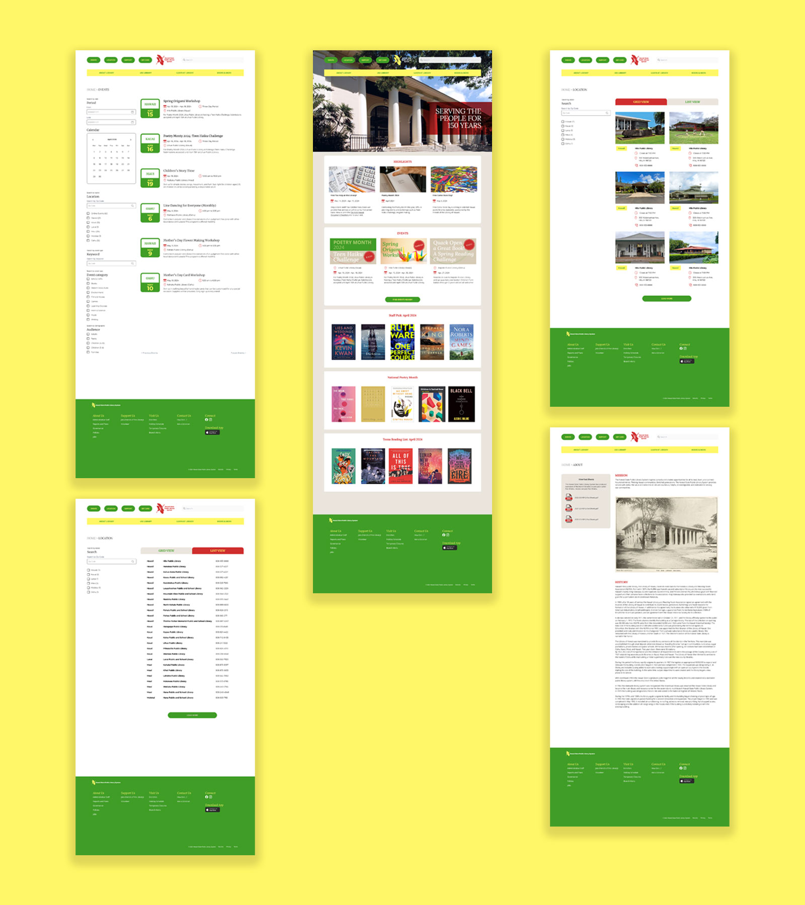 Five webpages with new design layed on a yellow background.