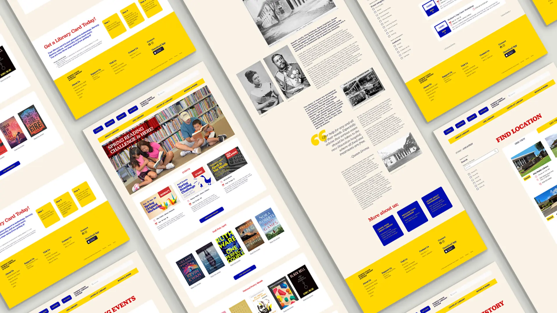 Hero image showing all the UI designs for each pages, lined up in 30 degrees.