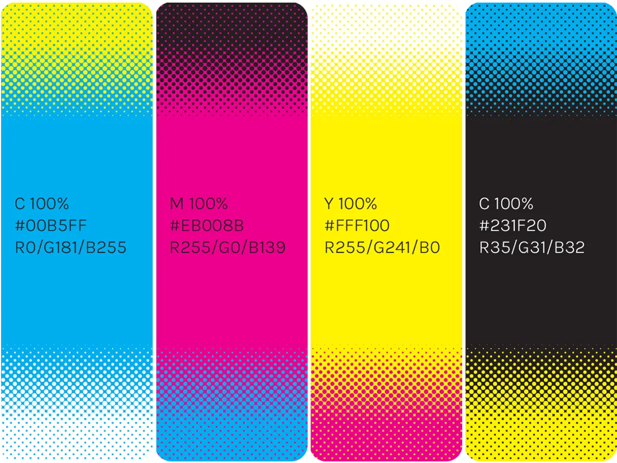 Color scheme for this project, showing CMYK colors and pixelarated textures.
