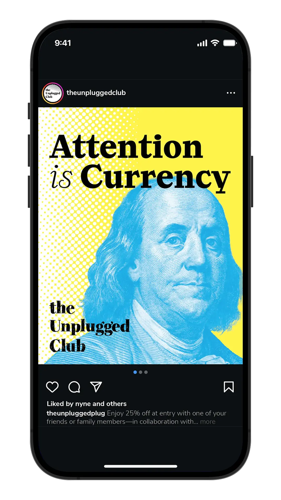 The first image for the Instagram campaign triptych. Cyan Benjamin Franklyn's image and the copy, 'Attencion is Currency' in black are on the yellow backgorund. White pixelerated patch on the right side.