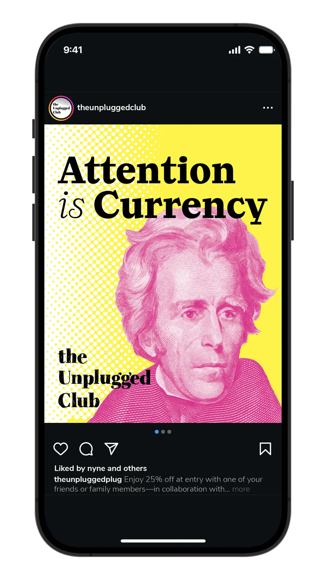 The first image for the Instagram campaign triptych. Cyan Benjamin Franklyn's image and the copy, 'Attencion is Currency' in black are on the yellow backgorund. White pixelerated patch on the right side.