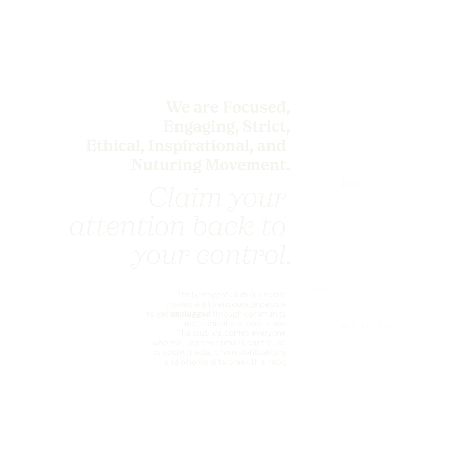 Image of the brand type. Ernst for the heading, and Real Texgt Pro for body copy.