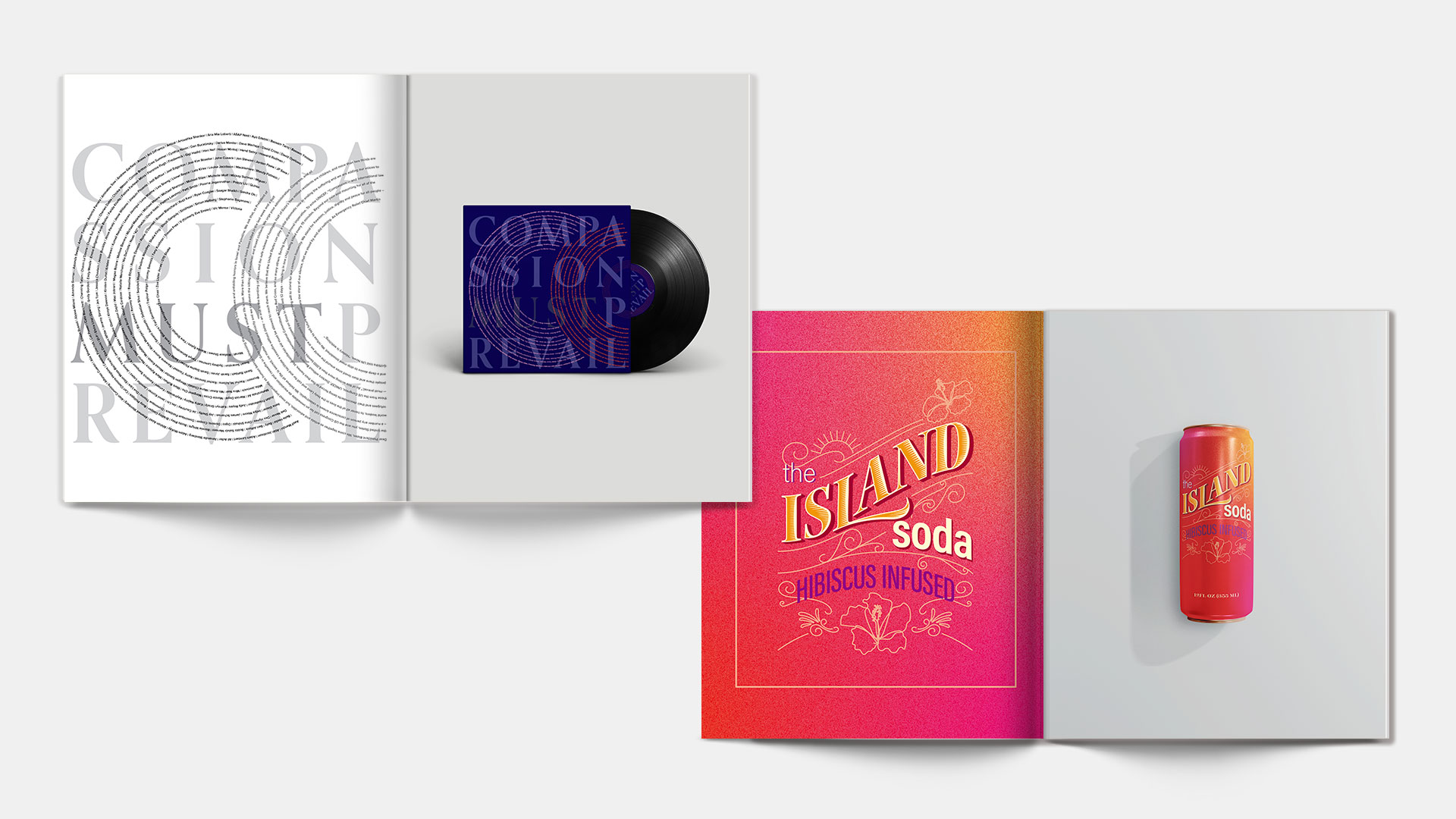 A pair of spread pages from the typography handbook chapter 8; typographic experiment graphics for 'the Island Soda' and a Vinyl package for Artists4Ceasefire'.