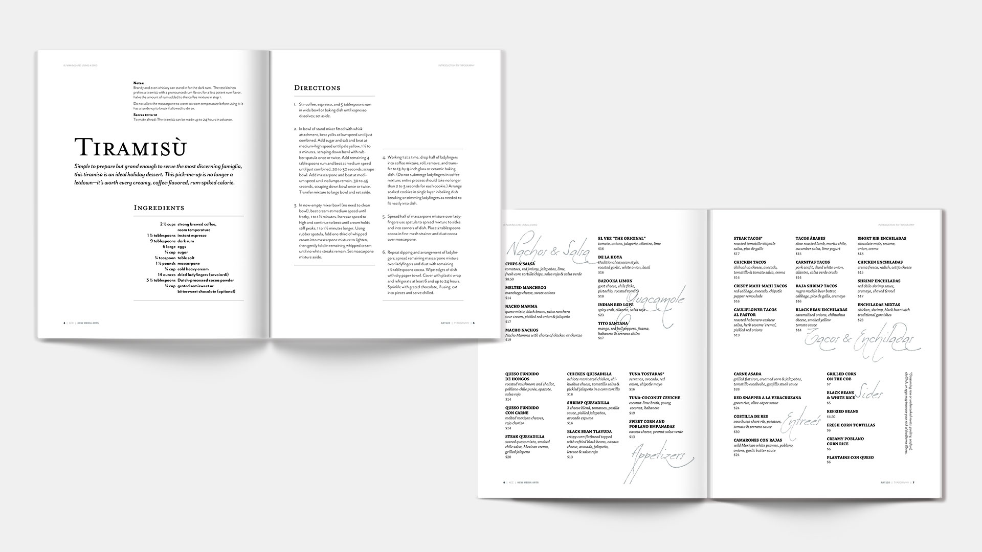 A pair of spread pages from the typography handbook chapter 6; recipe and menu.