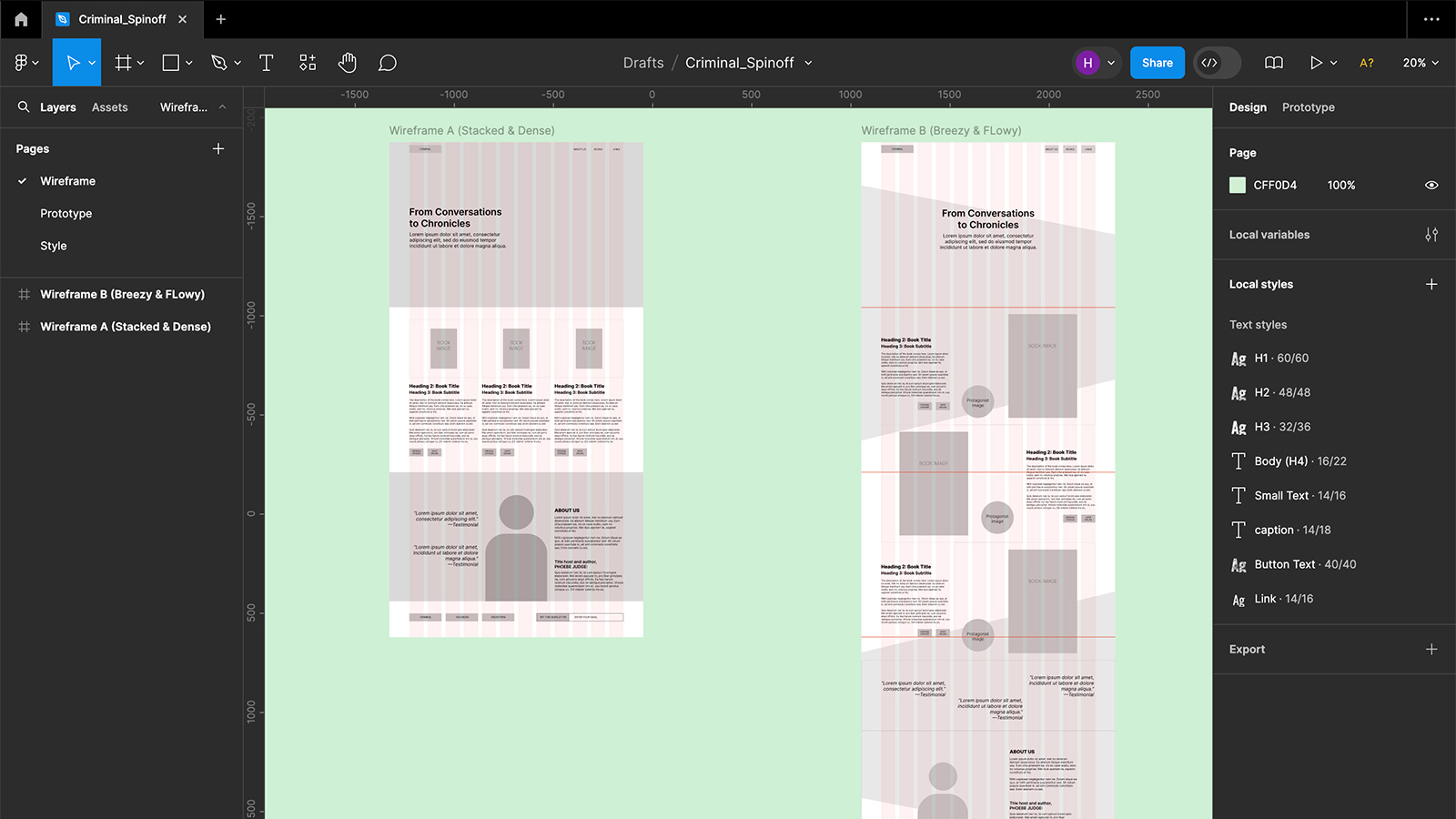 A screenshot of wireframing using Figma.