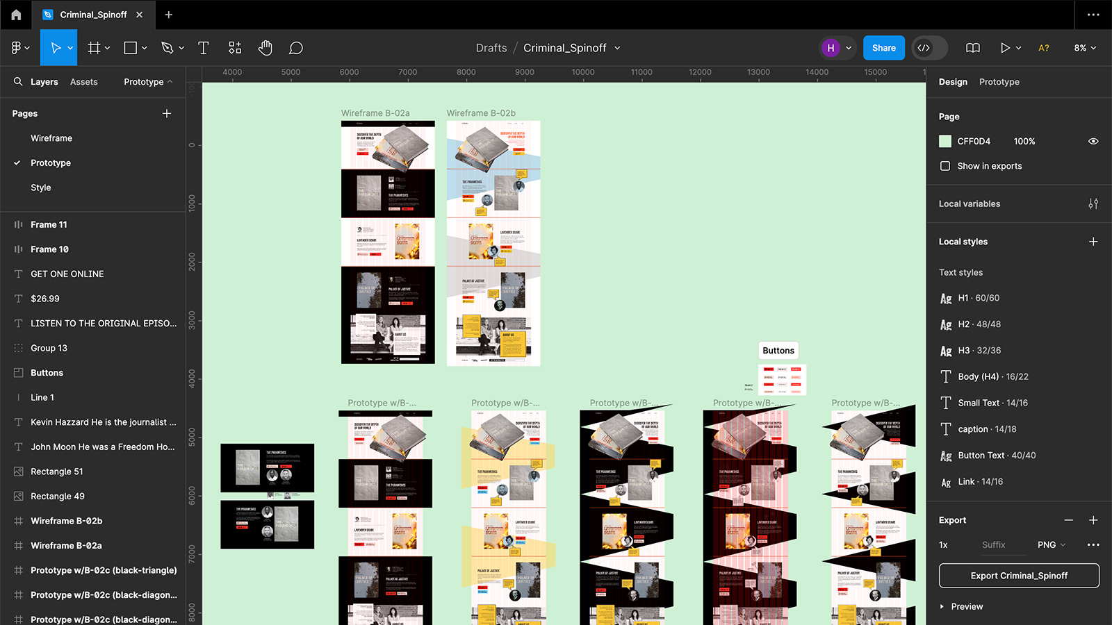 A screenshot showing multiple high-fidelity wireframes in Figma workspace.