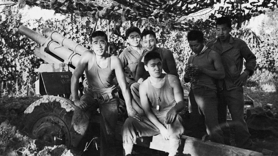 Six members from the 442nd Regimental Combat team posing in the trench.