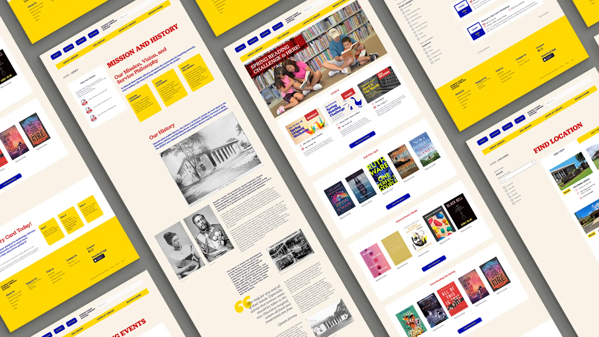 Hero image showing all the UI designs for each pages, lined up in 30 degrees.